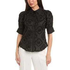 Gracia Womens  Flower Design Wing Collar Button-Down Shirt, Black